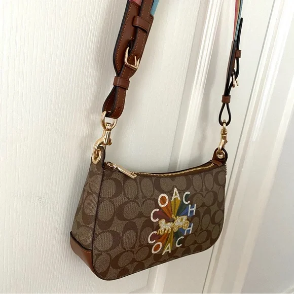 $328 Coach Jes Baguette Signature Canvas Radial Rainbow Leather Crossbody C6817 - Picture 5 of 16